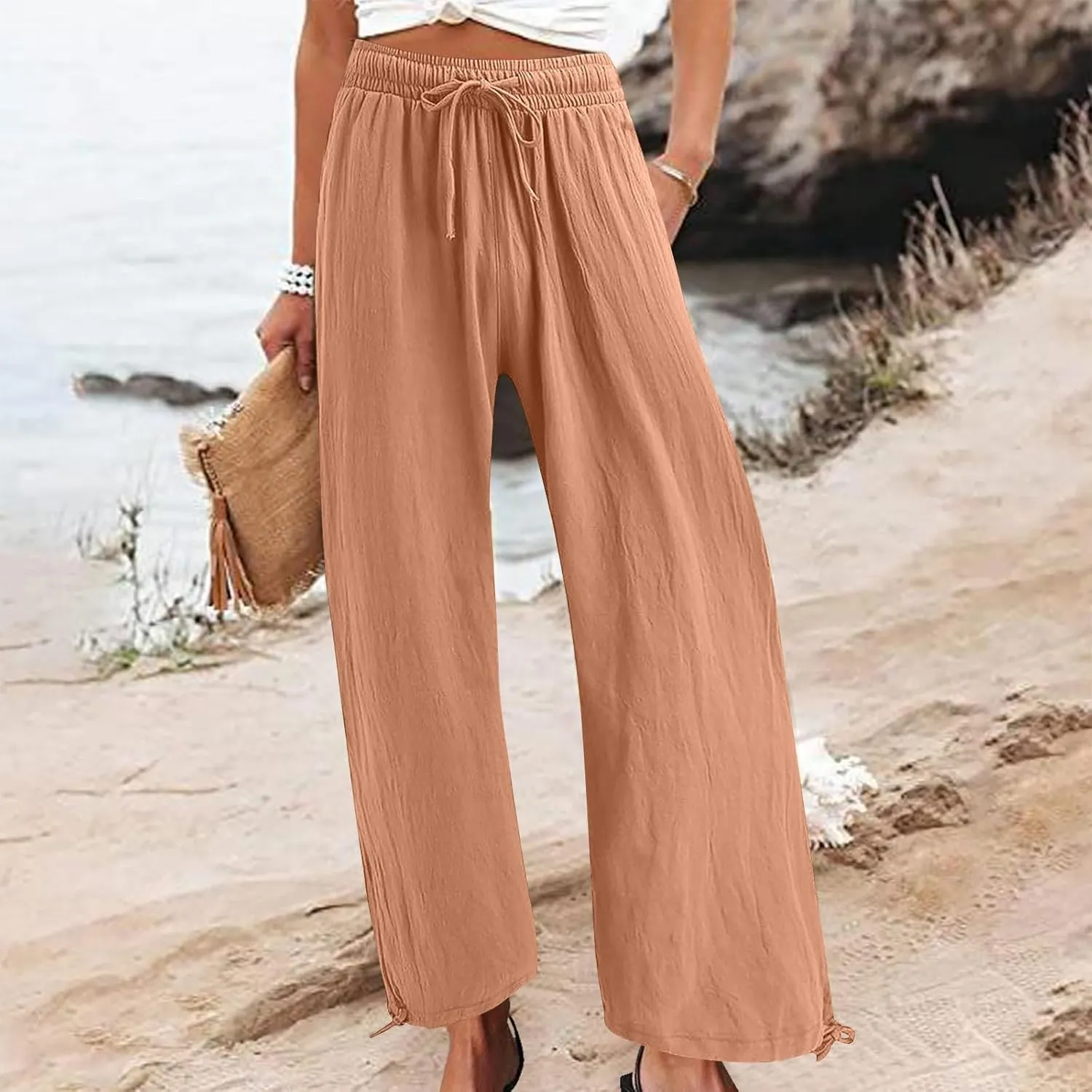 DASAYO Linen Pants Fcor Women Summer Drawstring Elastic Waist Casual Trousers with Pockets Loose Fit Wide Leg Beach Pants