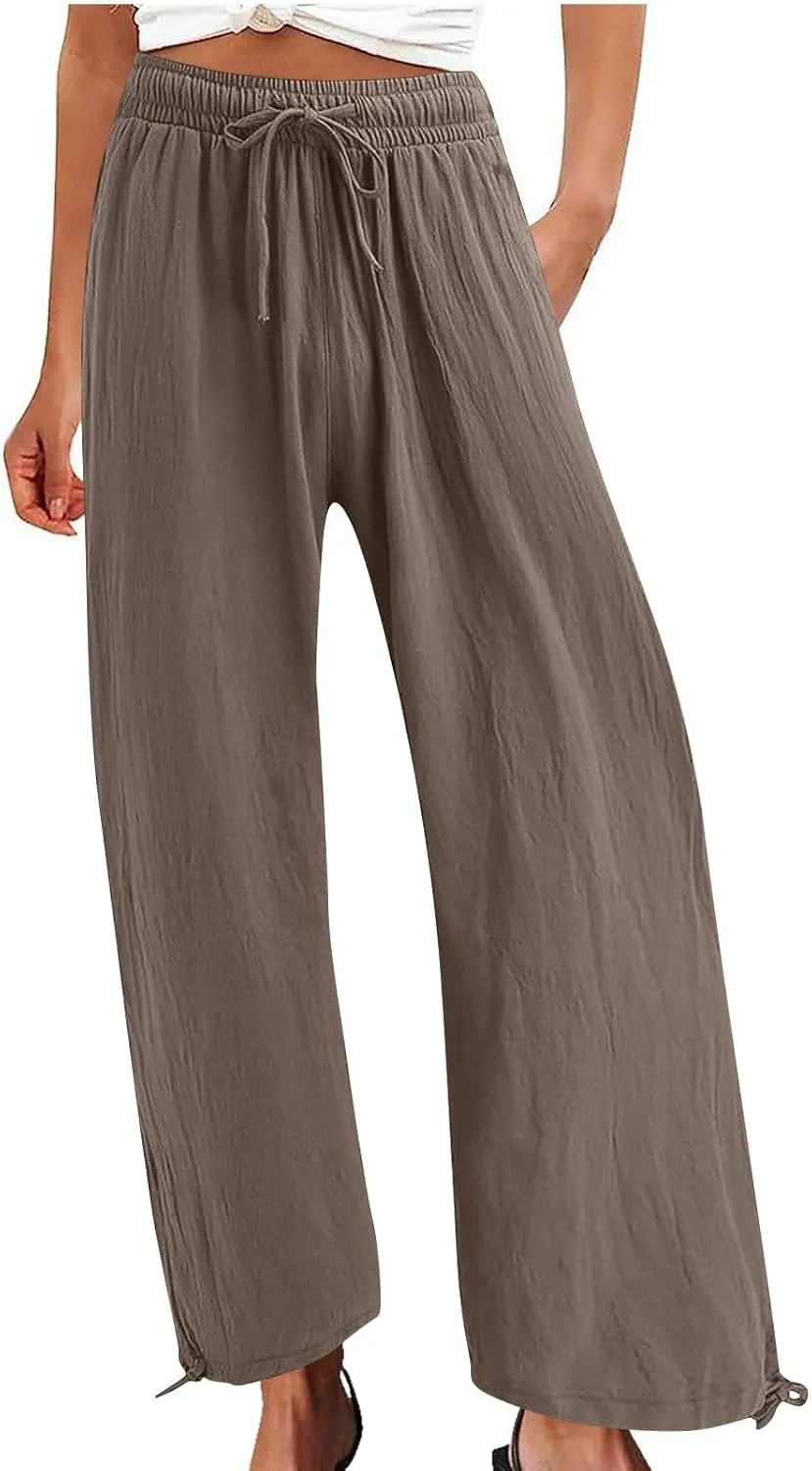 DASAYO Linen Pants Fcor Women Summer Drawstring Elastic Waist Casual Trousers with Pockets Loose Fit Wide Leg Beach Pants