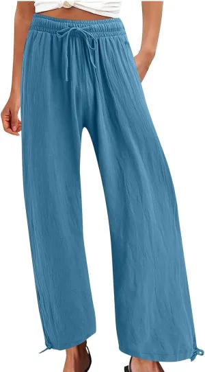 DASAYO Linen Pants Fcor Women Summer Drawstring Elastic Waist Casual Trousers with Pockets Loose Fit Wide Leg Beach Pants