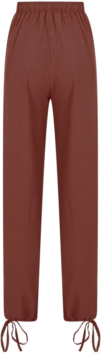 DASAYO Linen Pants Fcor Women Summer Drawstring Elastic Waist Casual Trousers with Pockets Loose Fit Wide Leg Beach Pants