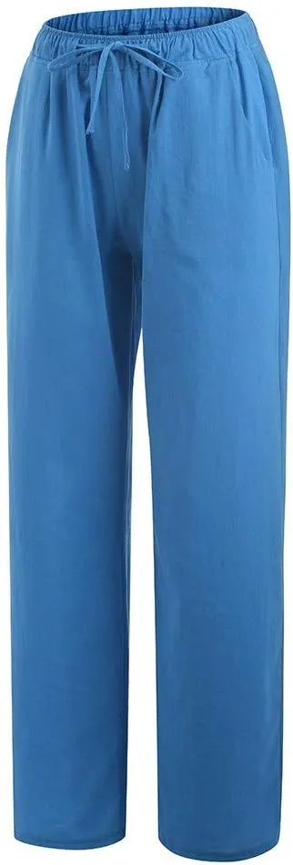 DASAYO Women Loose Fit Long Wide Leg Pants Elastic Waist Drawstring Beach Summer Slacks Cotton Solid Linen Palazzo Trousers