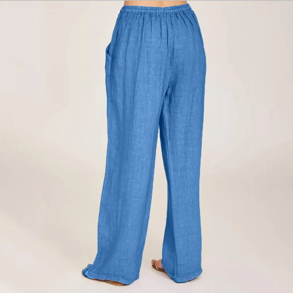 DASAYO Women Loose Fit Long Wide Leg Pants Elastic Waist Drawstring Beach Summer Slacks Cotton Solid Linen Palazzo Trousers