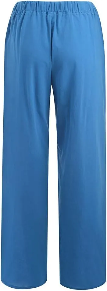 DASAYO Women Loose Fit Long Wide Leg Pants Elastic Waist Drawstring Beach Summer Slacks Cotton Solid Linen Palazzo Trousers