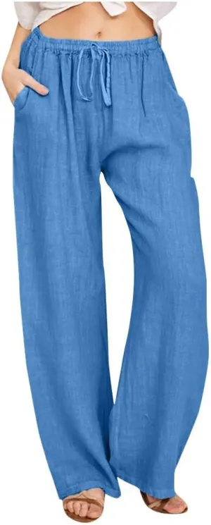 DASAYO Women Loose Fit Long Wide Leg Pants Elastic Waist Drawstring Beach Summer Slacks Cotton Solid Linen Palazzo Trousers