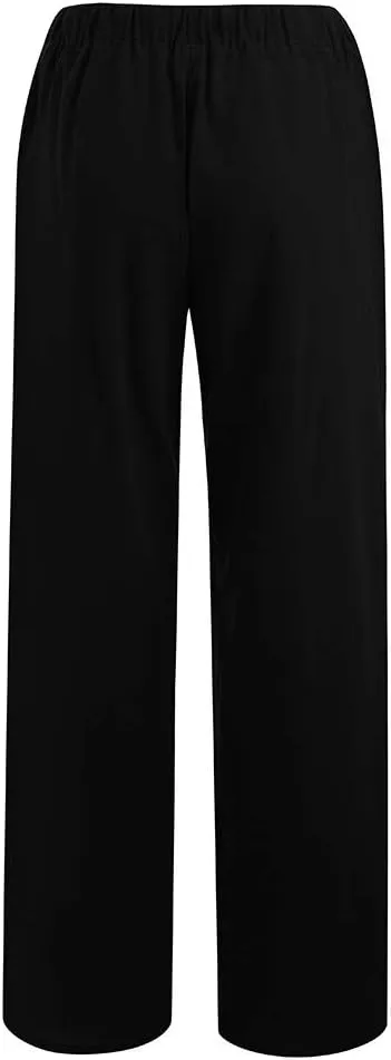 DASAYO Women Loose Fit Long Wide Leg Pants Elastic Waist Drawstring Beach Summer Slacks Cotton Solid Linen Palazzo Trousers