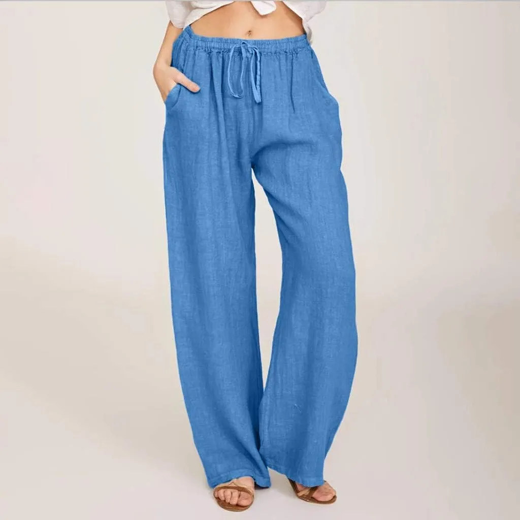 DASAYO Women Loose Fit Long Wide Leg Pants Elastic Waist Drawstring Beach Summer Slacks Cotton Solid Linen Palazzo Trousers