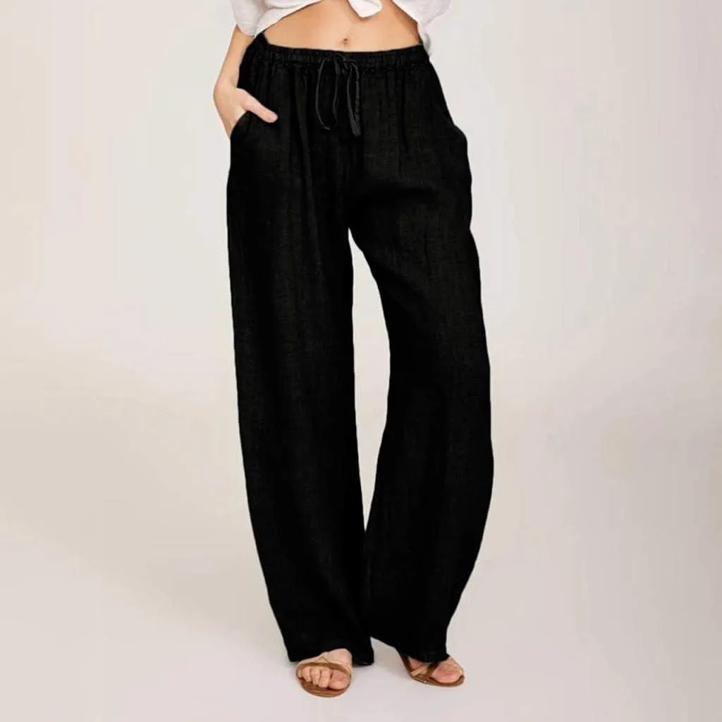 DASAYO Women Loose Fit Long Wide Leg Pants Elastic Waist Drawstring Beach Summer Slacks Cotton Solid Linen Palazzo Trousers