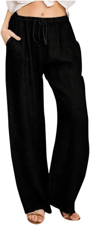 DASAYO Women Loose Fit Long Wide Leg Pants Elastic Waist Drawstring Beach Summer Slacks Cotton Solid Linen Palazzo Trousers