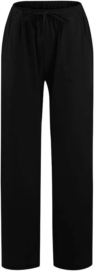 DASAYO Women Loose Fit Long Wide Leg Pants Elastic Waist Drawstring Beach Summer Slacks Cotton Solid Linen Palazzo Trousers