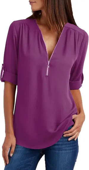 DASAYO Women's V Neck Zip Chiffon Tops Blouses Rolled Long Sleeve Loose Fit Shirts Top Comfy Fashion Casual Blouse Shirt