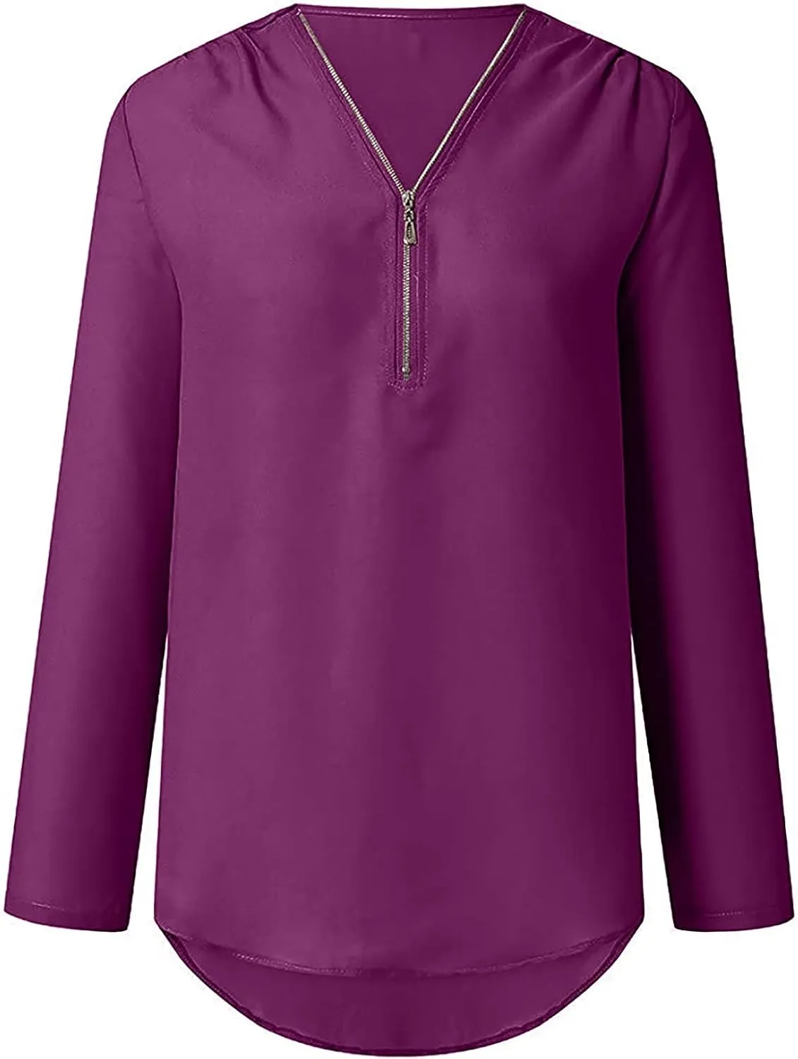 DASAYO Women's V Neck Zip Chiffon Tops Blouses Rolled Long Sleeve Loose Fit Shirts Top Comfy Fashion Casual Blouse Shirt