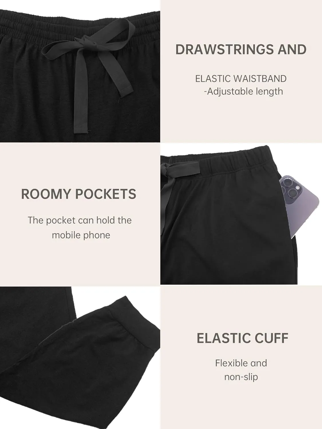 EA'S SECRET Men's 100% Cotton Pajama Bottoms Stretch Waist Soft Drawstring Sleep Lounge Pj Pants with Pockets