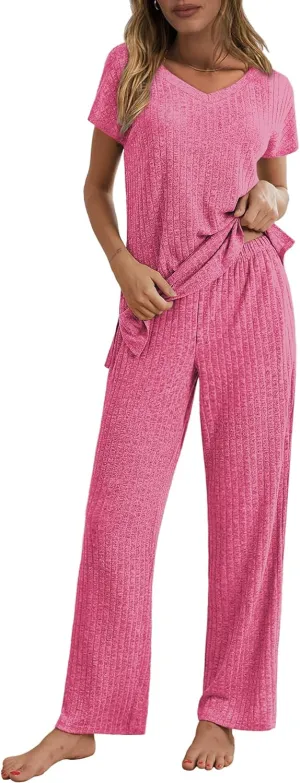 Ekouaer Womens Ribbed Knit Lounge Set Short Sleeve Top and Long Pants Pajamas V Neck 2 Piece Sleepwear S-XXL Rose Red