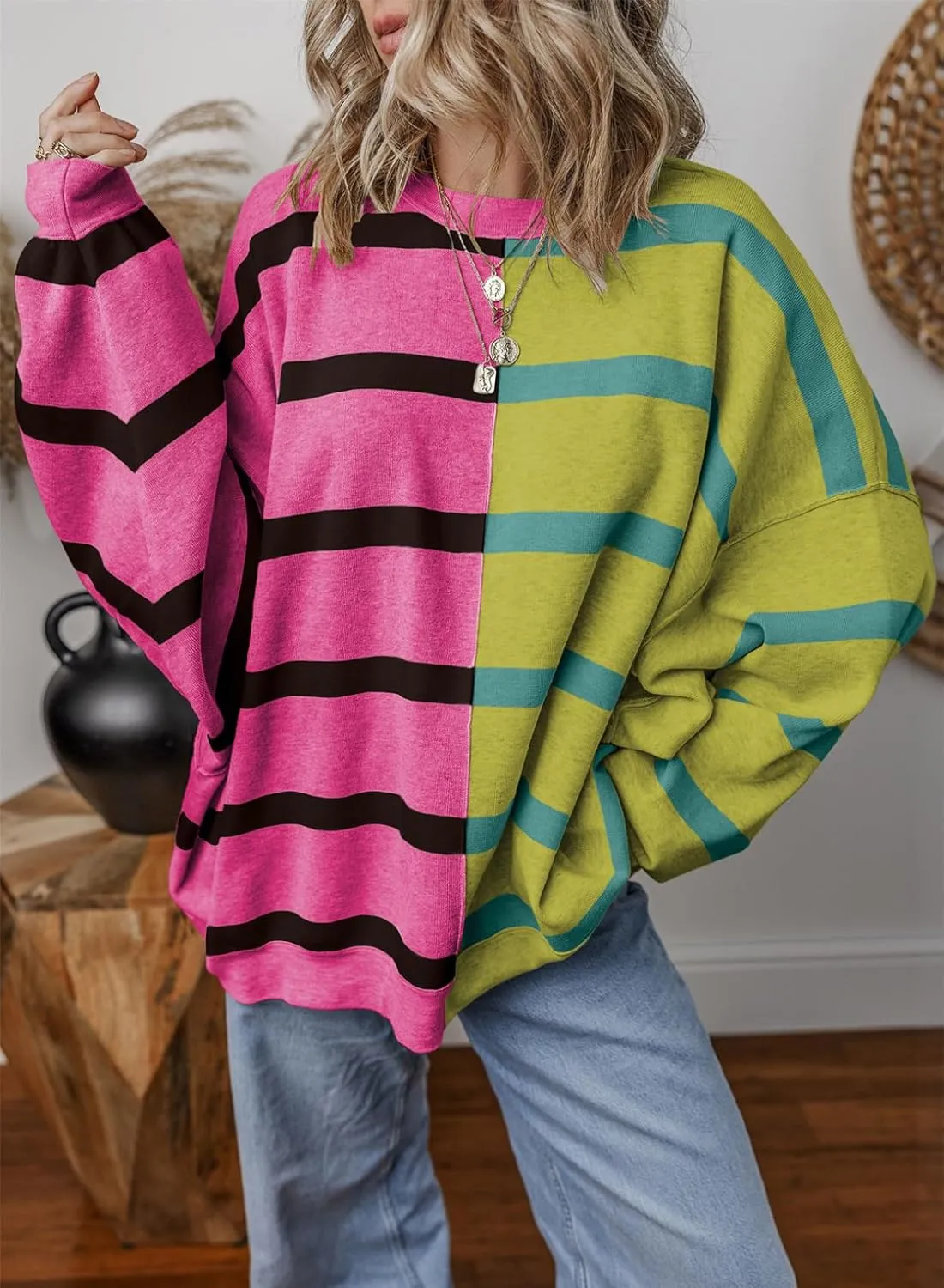 EVALESS Womens Striped Sweaters Long Sleeve Cable Knitted Color Block Casual Loose Lightweight Oversized Sweaters Pullover