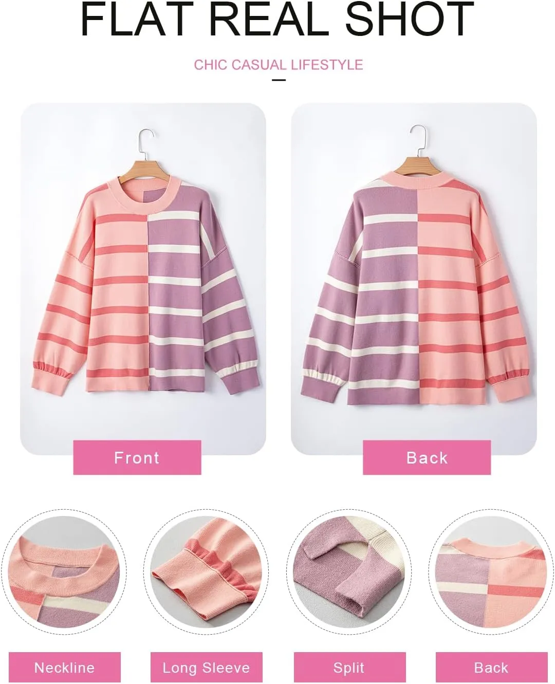 EVALESS Womens Striped Sweaters Long Sleeve Cable Knitted Color Block Casual Loose Lightweight Oversized Sweaters Pullover
