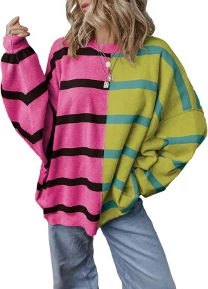 EVALESS Womens Striped Sweaters Long Sleeve Cable Knitted Color Block Casual Loose Lightweight Oversized Sweaters Pullover
