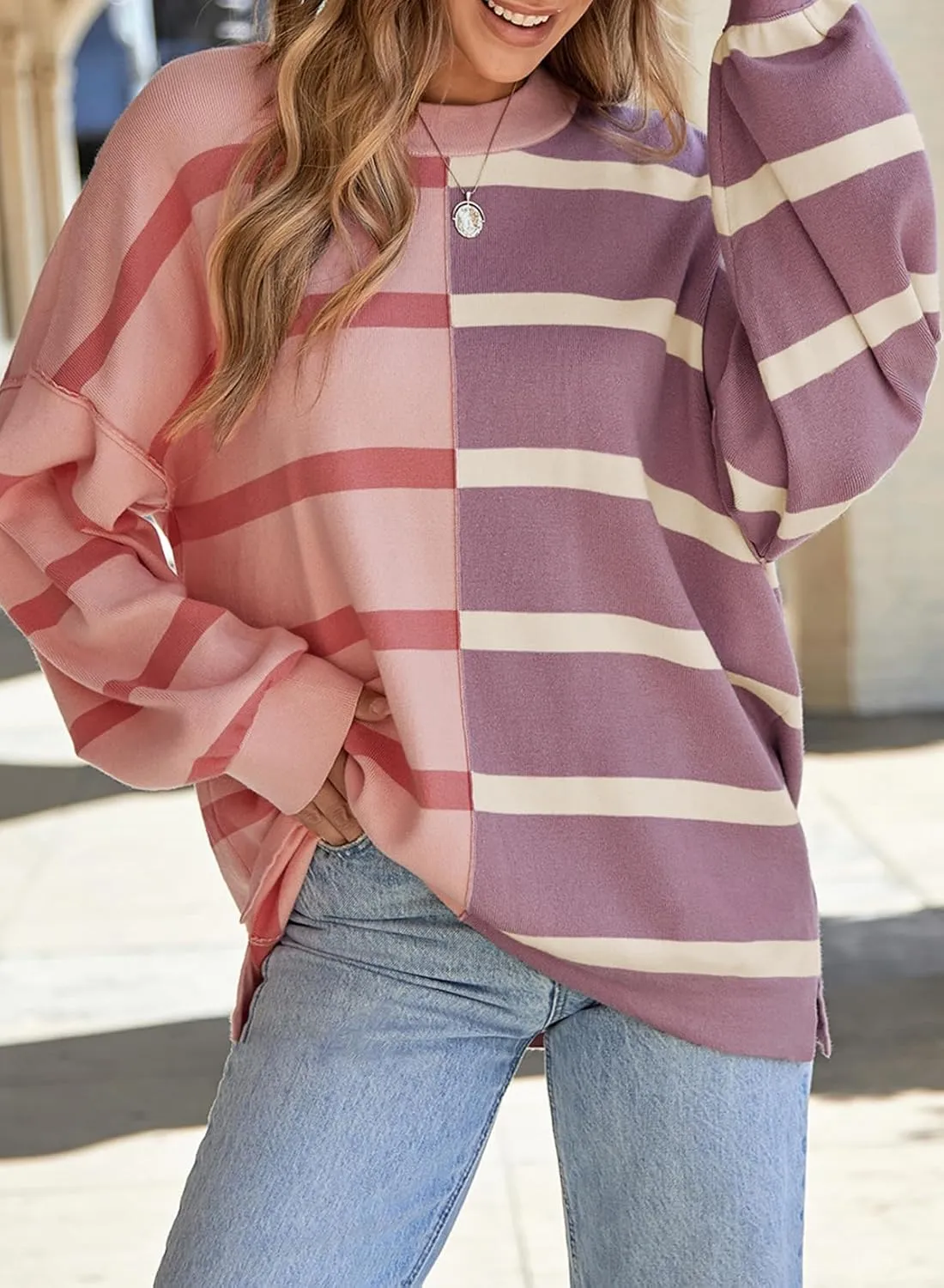 EVALESS Womens Striped Sweaters Long Sleeve Cable Knitted Color Block Casual Loose Lightweight Oversized Sweaters Pullover