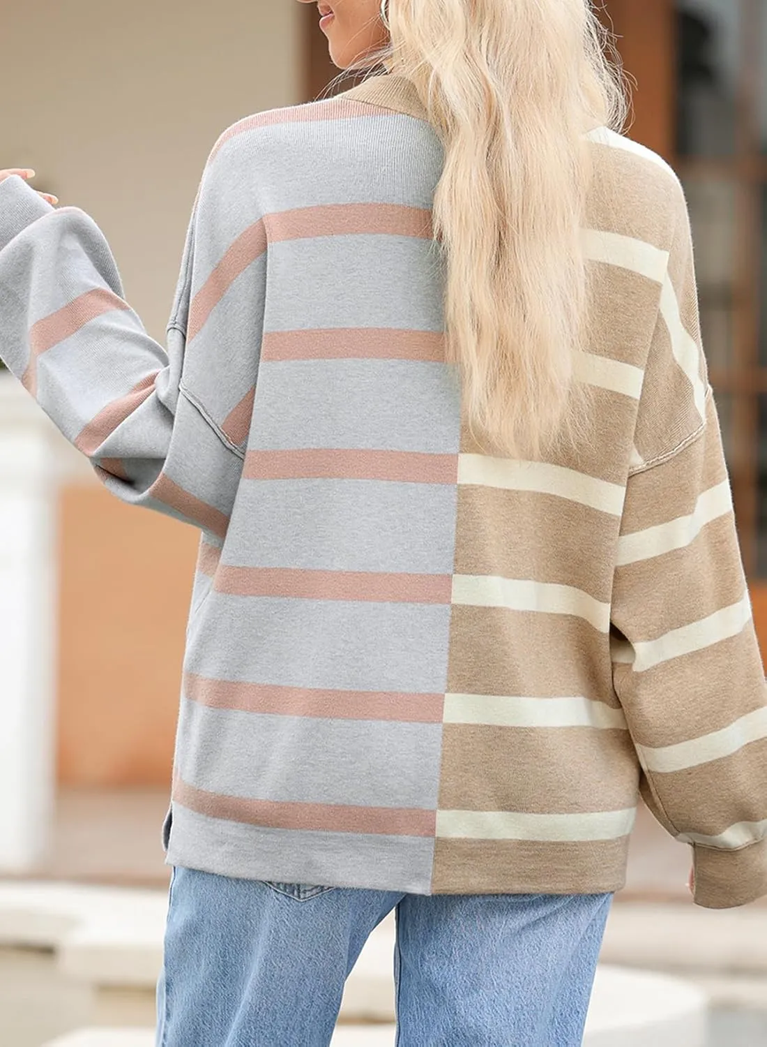 EVALESS Womens Striped Sweaters Long Sleeve Cable Knitted Color Block Casual Loose Lightweight Oversized Sweaters Pullover
