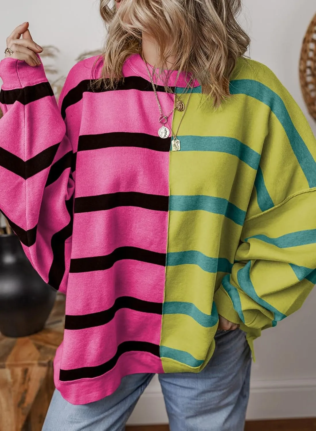 EVALESS Womens Striped Sweaters Long Sleeve Cable Knitted Color Block Casual Loose Lightweight Oversized Sweaters Pullover
