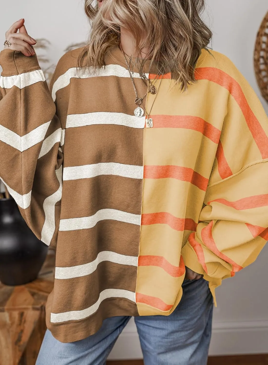 EVALESS Womens Striped Sweaters Long Sleeve Cable Knitted Color Block Casual Loose Lightweight Oversized Sweaters Pullover