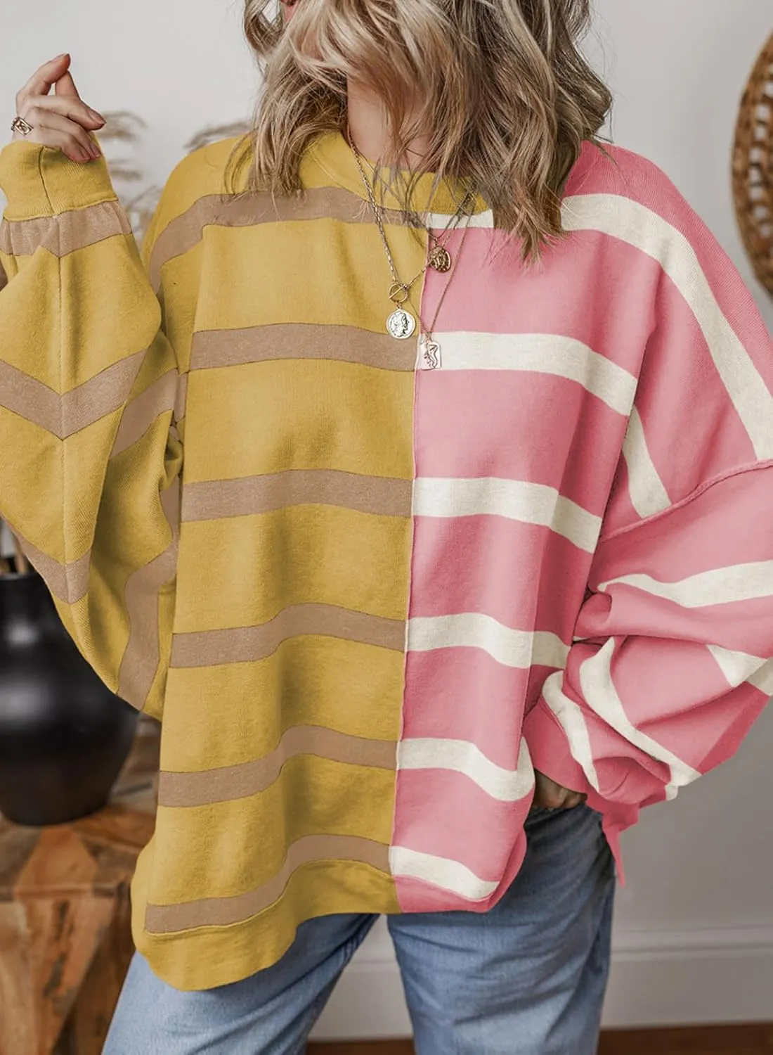 EVALESS Womens Striped Sweaters Long Sleeve Cable Knitted Color Block Casual Loose Lightweight Oversized Sweaters Pullover