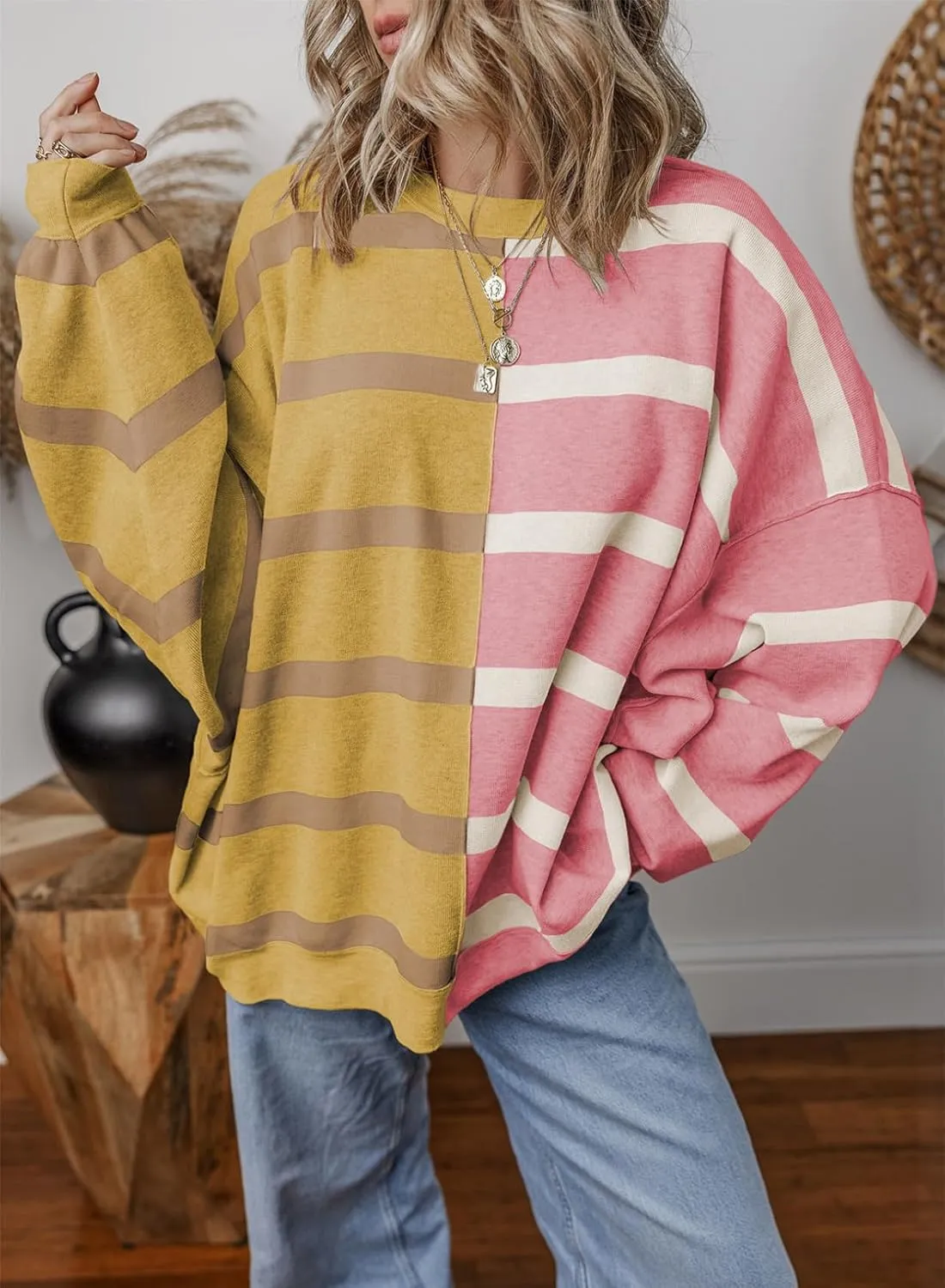 EVALESS Womens Striped Sweaters Long Sleeve Cable Knitted Color Block Casual Loose Lightweight Oversized Sweaters Pullover