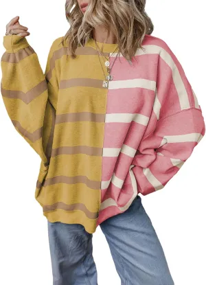 EVALESS Womens Striped Sweaters Long Sleeve Cable Knitted Color Block Casual Loose Lightweight Oversized Sweaters Pullover