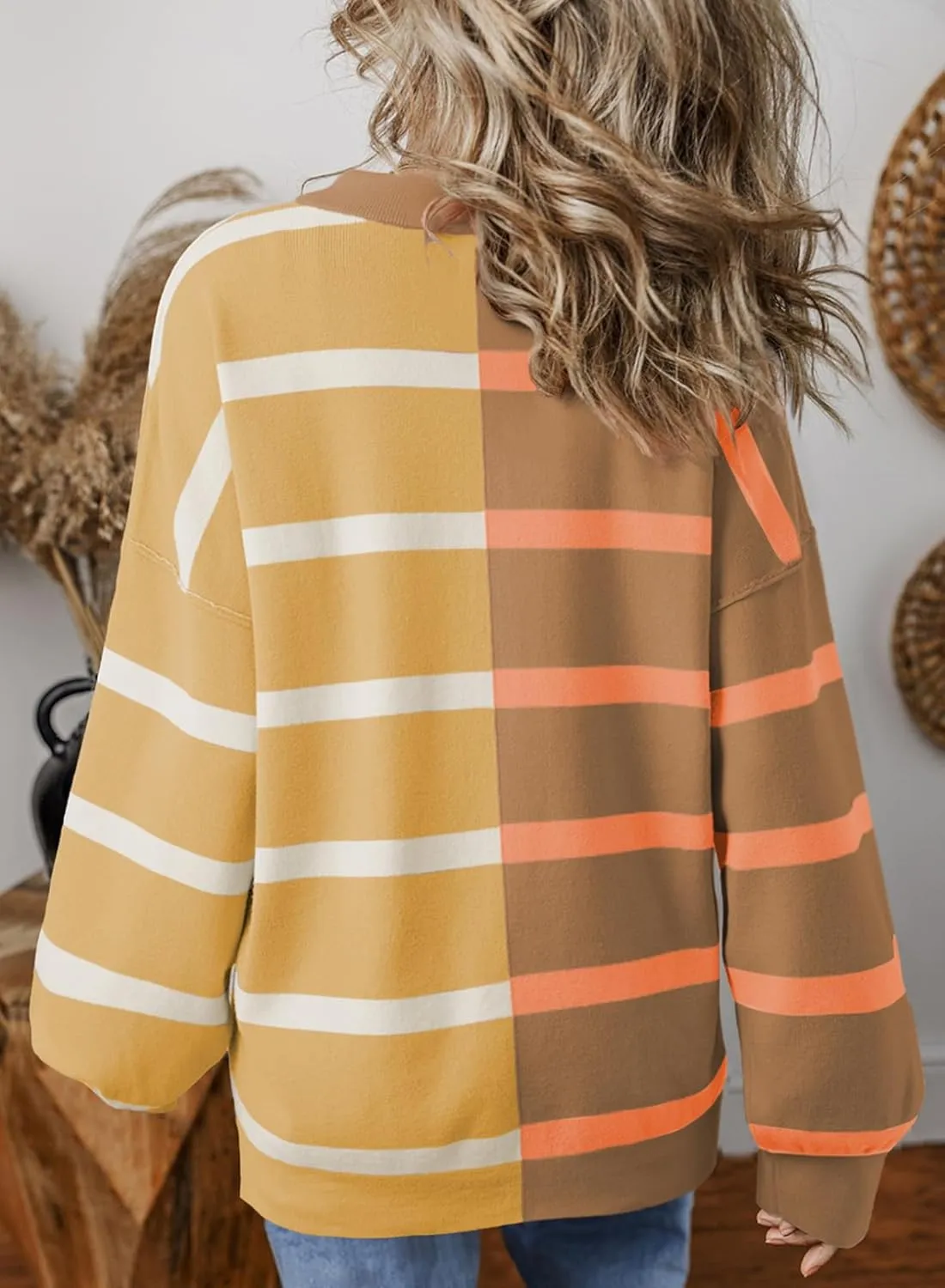 EVALESS Womens Striped Sweaters Long Sleeve Cable Knitted Color Block Casual Loose Lightweight Oversized Sweaters Pullover