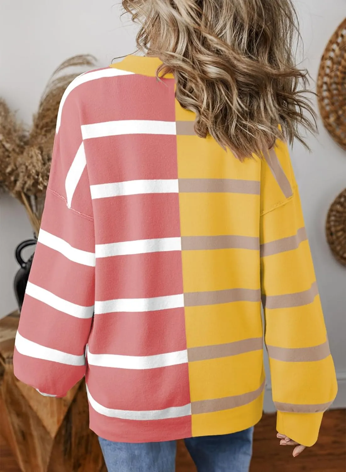 EVALESS Womens Striped Sweaters Long Sleeve Cable Knitted Color Block Casual Loose Lightweight Oversized Sweaters Pullover