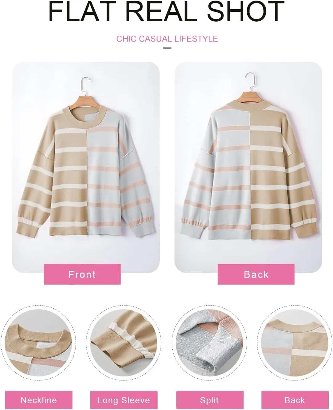 EVALESS Womens Striped Sweaters Long Sleeve Cable Knitted Color Block Casual Loose Lightweight Oversized Sweaters Pullover