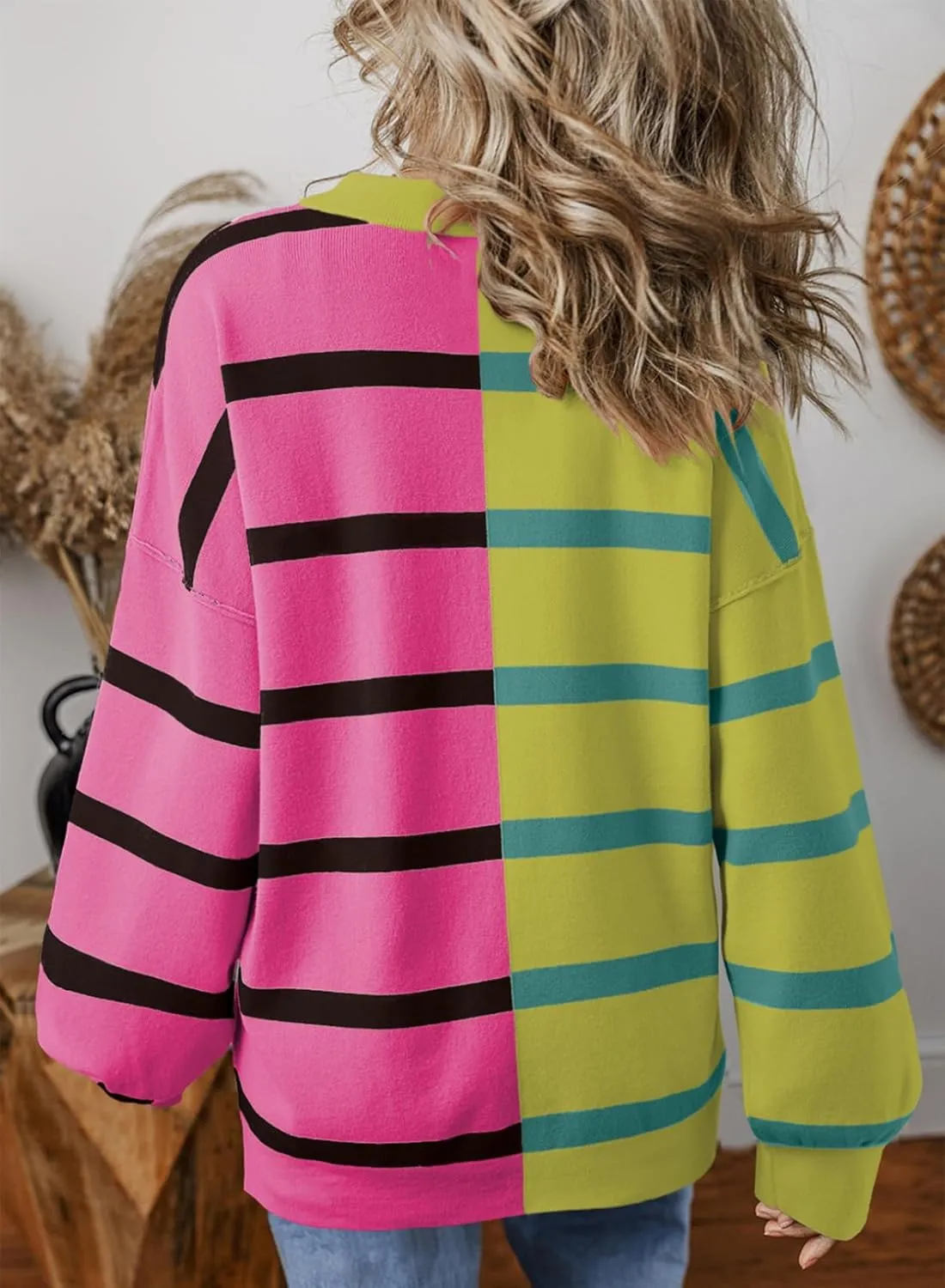 EVALESS Womens Striped Sweaters Long Sleeve Cable Knitted Color Block Casual Loose Lightweight Oversized Sweaters Pullover