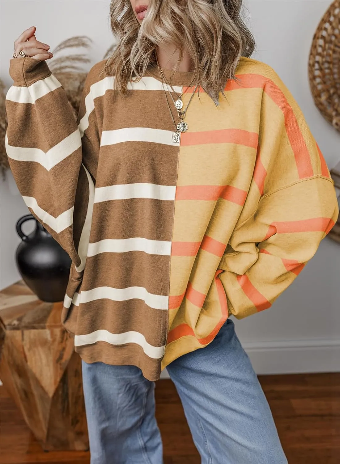 EVALESS Womens Striped Sweaters Long Sleeve Cable Knitted Color Block Casual Loose Lightweight Oversized Sweaters Pullover