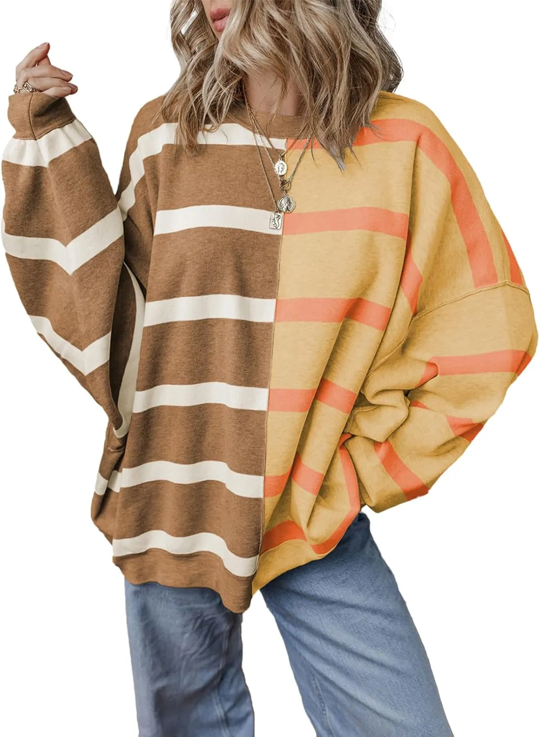 EVALESS Womens Striped Sweaters Long Sleeve Cable Knitted Color Block Casual Loose Lightweight Oversized Sweaters Pullover