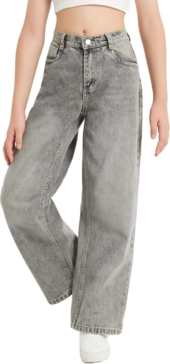 EXARUS Girls Jeans Wide Leg Cute Baggy Teen Denim Pants Mid Rise Elastic Band with Pockets Casual