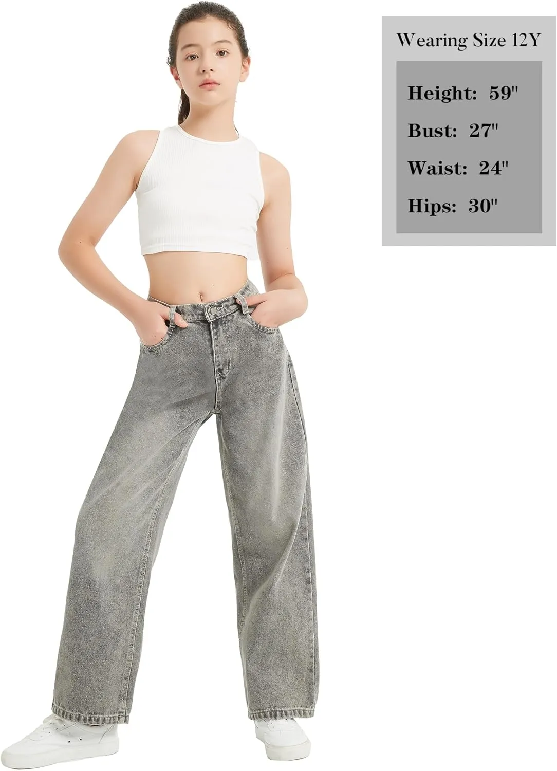 EXARUS Girls Jeans Wide Leg Cute Baggy Teen Denim Pants Mid Rise Elastic Band with Pockets Casual