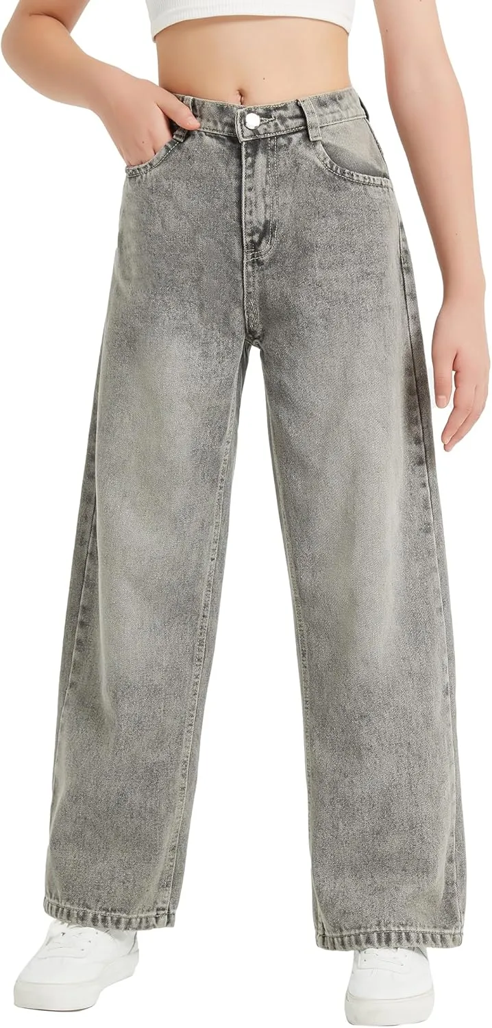 EXARUS Girls Jeans Wide Leg Cute Baggy Teen Denim Pants Mid Rise Elastic Band with Pockets Casual