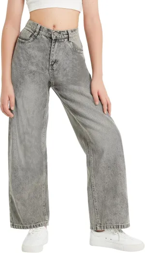 EXARUS Girls Jeans Wide Leg Cute Baggy Teen Denim Pants Mid Rise Elastic Band with Pockets Casual