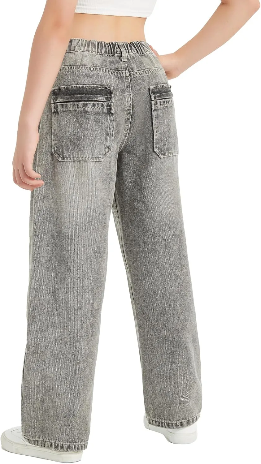 EXARUS Girls Jeans Wide Leg Cute Baggy Teen Denim Pants Mid Rise Elastic Band with Pockets Casual