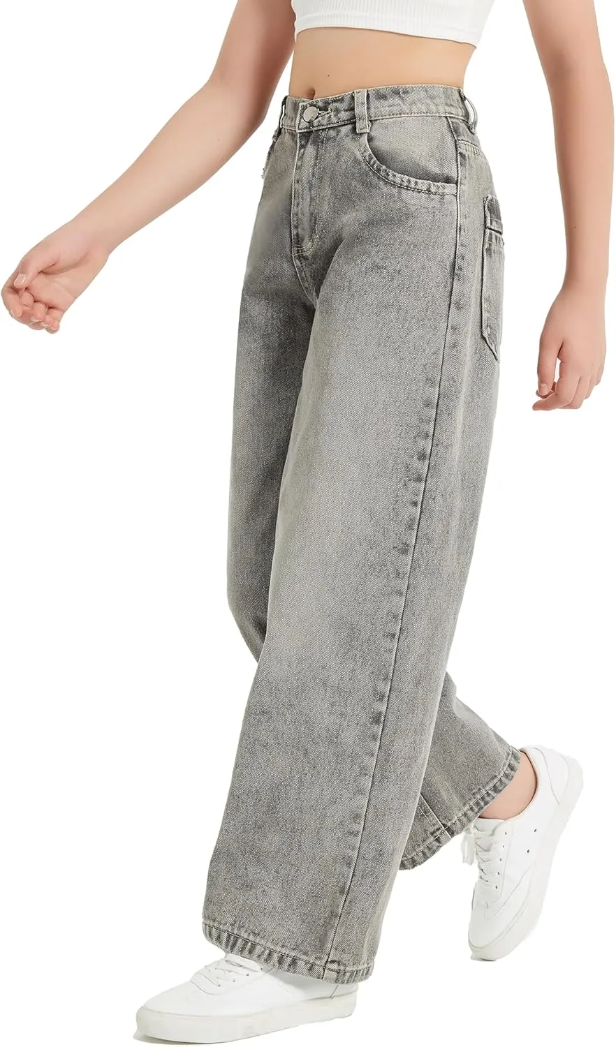 EXARUS Girls Jeans Wide Leg Cute Baggy Teen Denim Pants Mid Rise Elastic Band with Pockets Casual