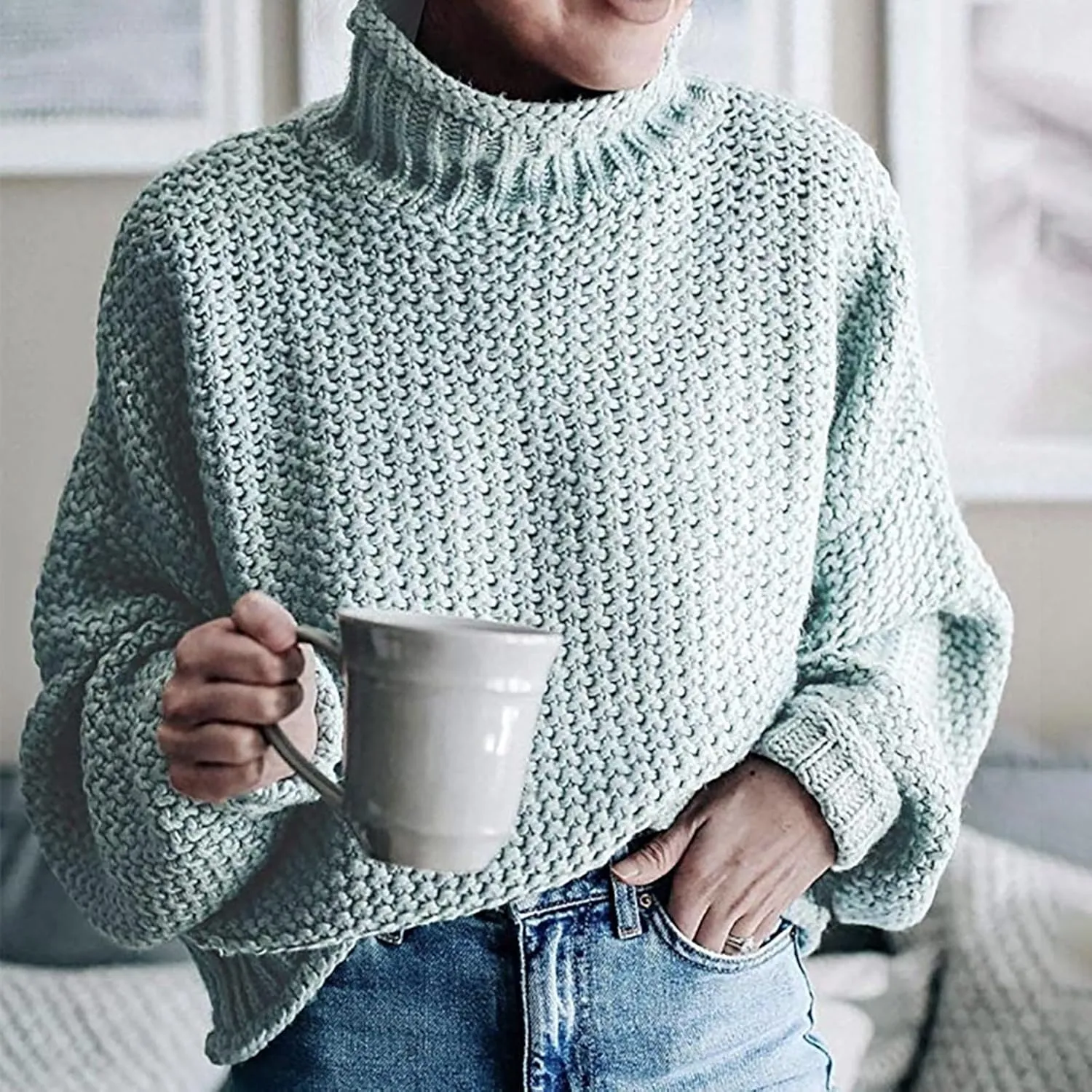 Fall Sweaters for Women,Trendy Fall Turtleneck High Neck Outfits Balloon Long Sleeve Pullover Outerwear Tunic Tops