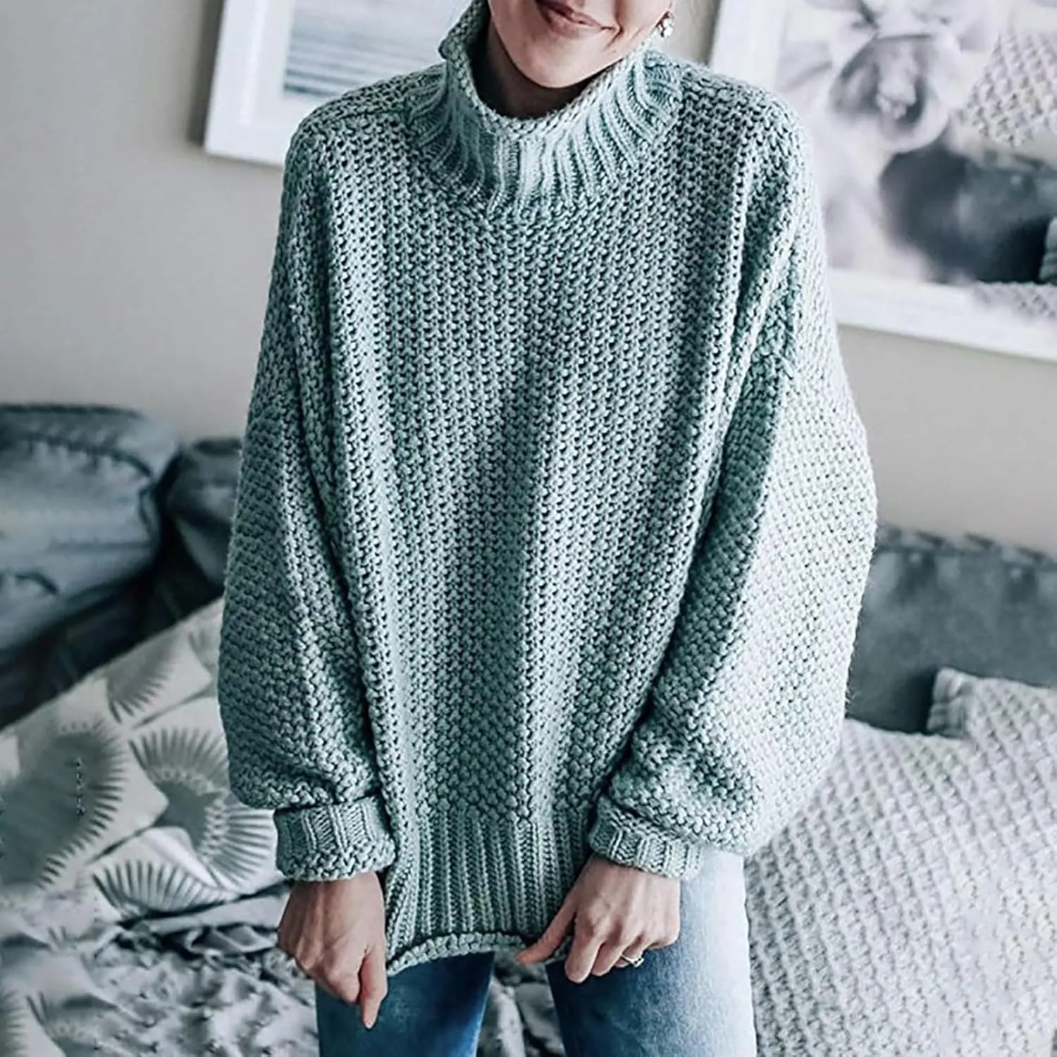 Fall Sweaters for Women,Trendy Fall Turtleneck High Neck Outfits Balloon Long Sleeve Pullover Outerwear Tunic Tops