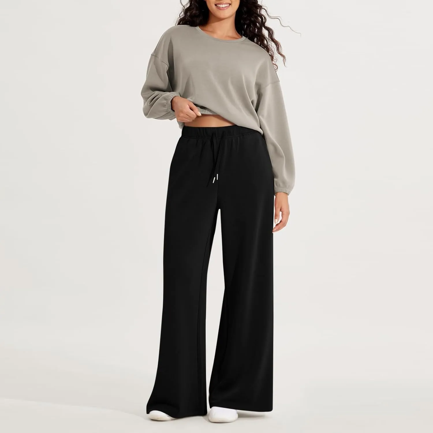 fanmpghleoo Wide Leg Sweatpants Women Baggy Drawstring High Waisted Joggers with Pockets Lightweight Casual Comfy Sweat Pants