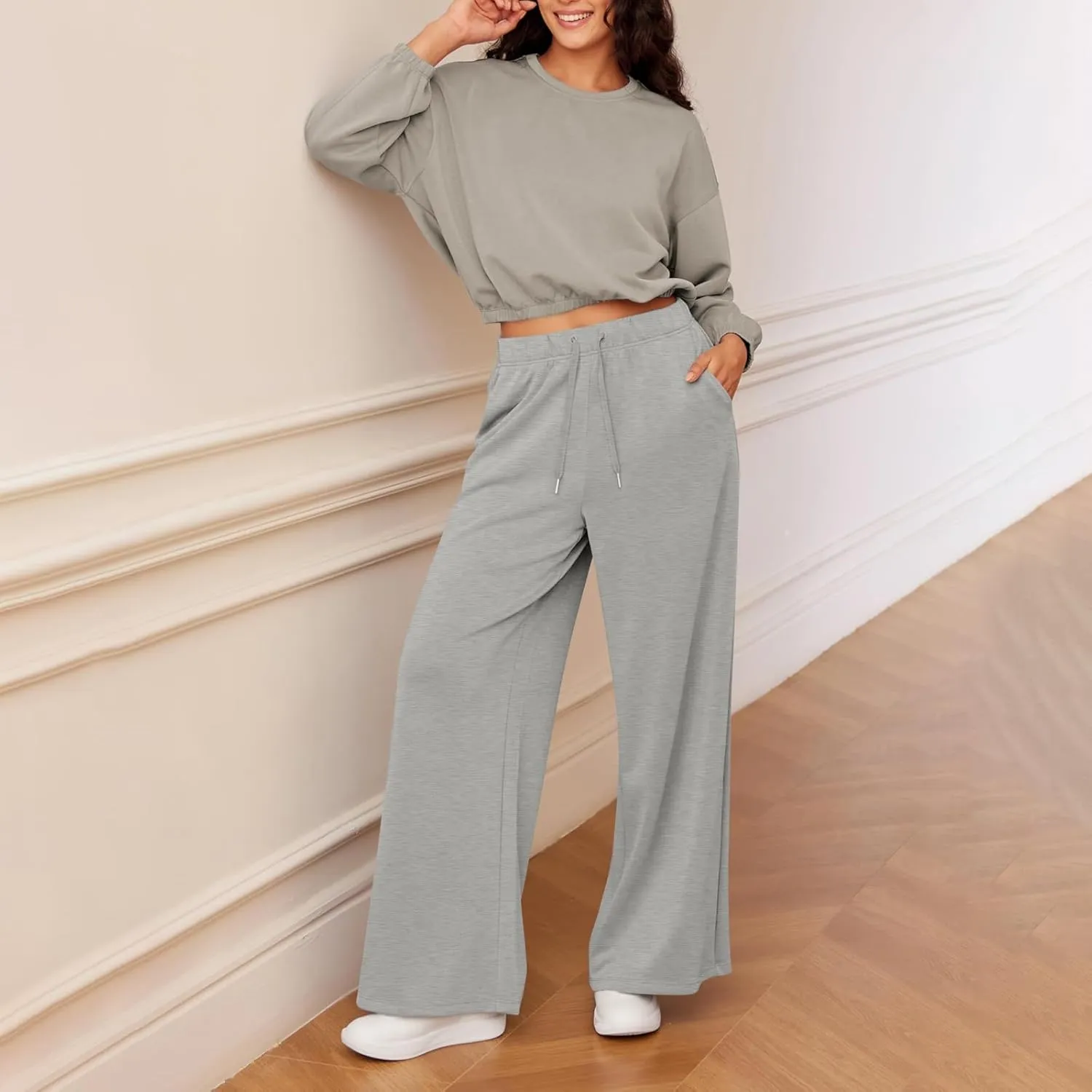 fanmpghleoo Wide Leg Sweatpants Women Baggy Drawstring High Waisted Joggers with Pockets Lightweight Casual Comfy Sweat Pants