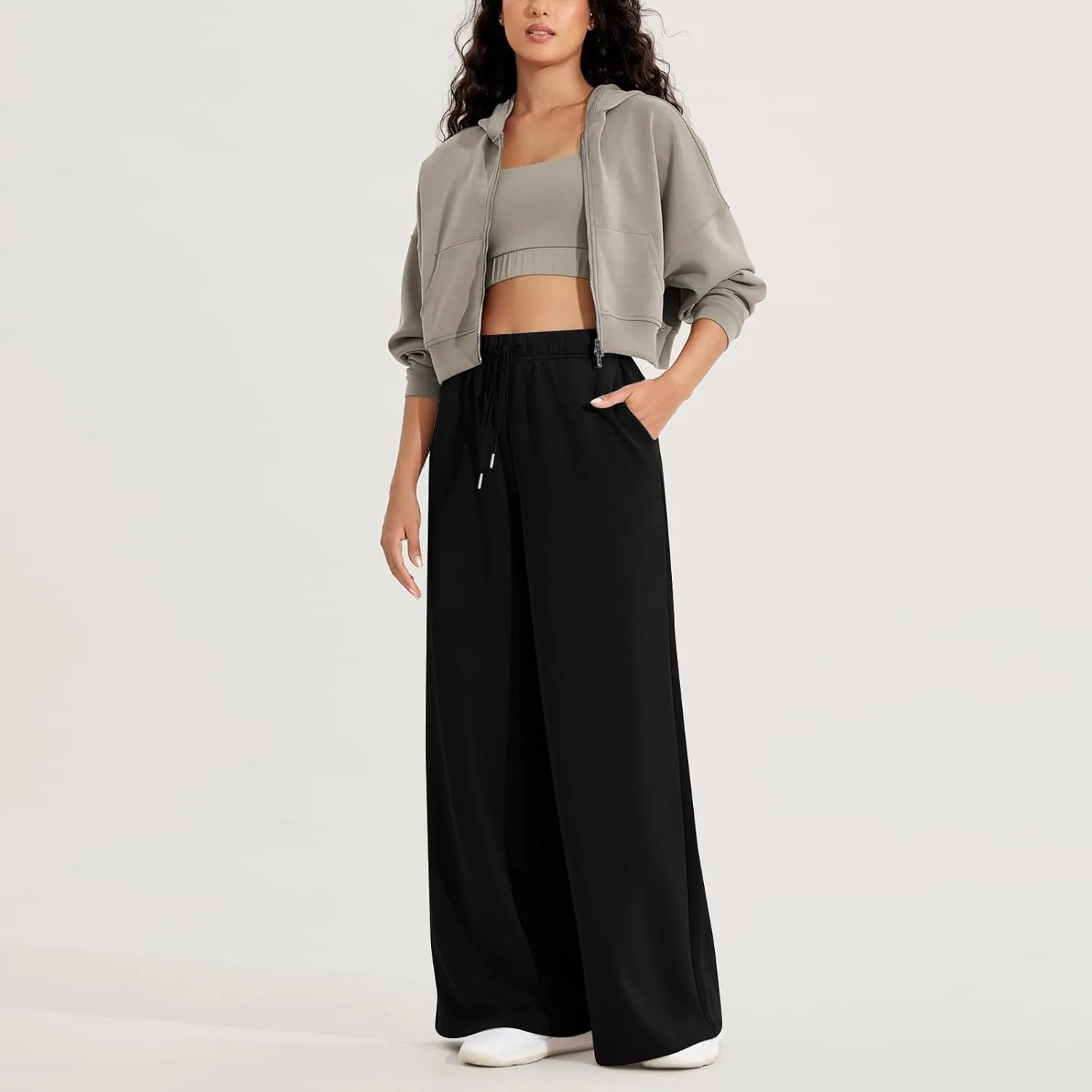 fanmpghleoo Wide Leg Sweatpants Women Baggy Drawstring High Waisted Joggers with Pockets Lightweight Casual Comfy Sweat Pants