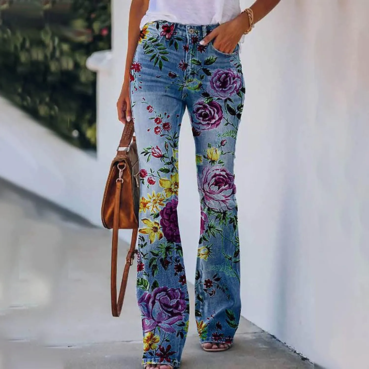 Flare Jeans for Women Fashion Print Bell Bottom Jeans Loose High Waisted Wide Leg Denim Jeans with Pockets