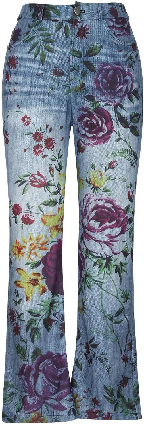 Flare Jeans for Women Fashion Print Bell Bottom Jeans Loose High Waisted Wide Leg Denim Jeans with Pockets