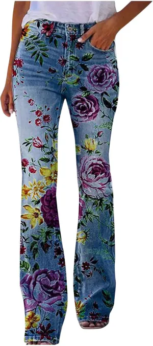 Flare Jeans for Women Fashion Print Bell Bottom Jeans Loose High Waisted Wide Leg Denim Jeans with Pockets