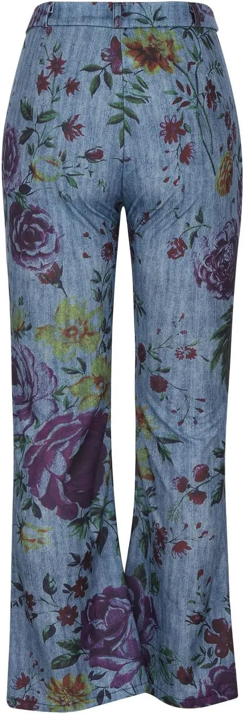 Flare Jeans for Women Fashion Print Bell Bottom Jeans Loose High Waisted Wide Leg Denim Jeans with Pockets