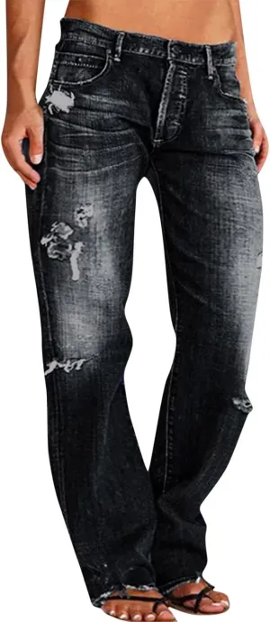 Flare Jeans for Women High Rise Button Loose Fit Denim Pants Comfortable Streetwear Mom Stretch Jeans for Women Curvy