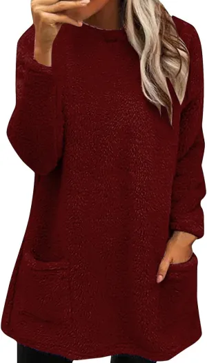 Fleece Pullover Women Fuzzy Sweaters for Women Crew Neck Sweatshirts Winter Warm Loungewear Tops with Pockets